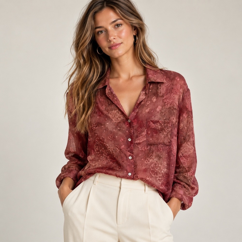 Papermoon Pink Floral Burnout Button Down Shirt, S